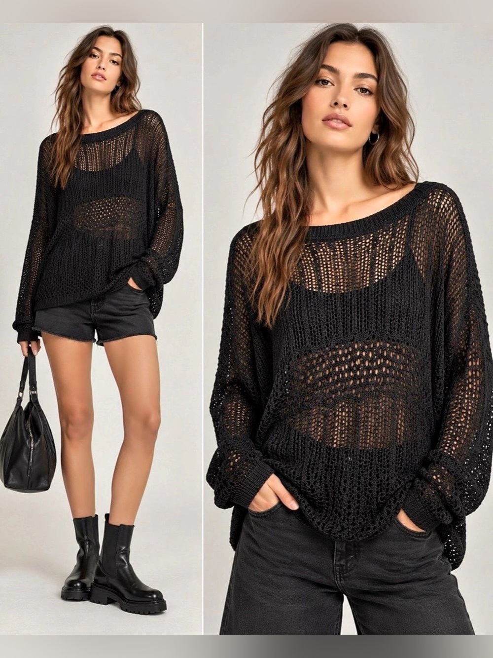 AllSaints Estero Jumper Open Knit Sweater in Black Large Like New